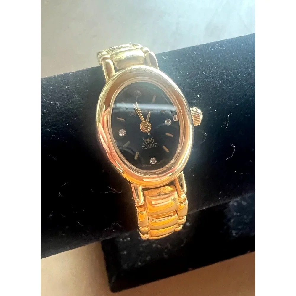 Sergio Valente Women's Watch Gold Tone Oval Black Dial Crystal Japan Mov't Dress